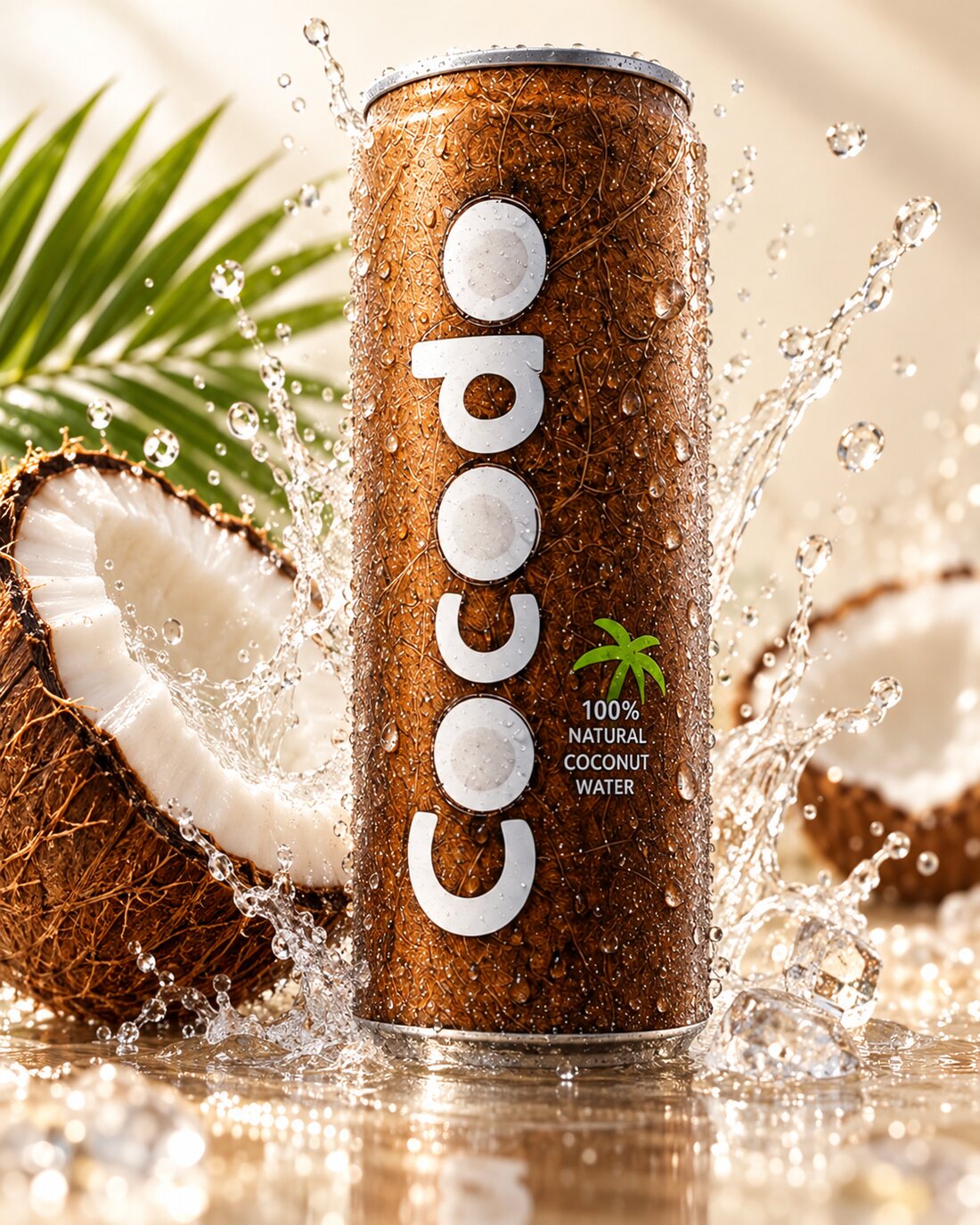 Purkoko 100% natürliches Kokosnusswasser mit Wasserspritzern und Kokosnuss