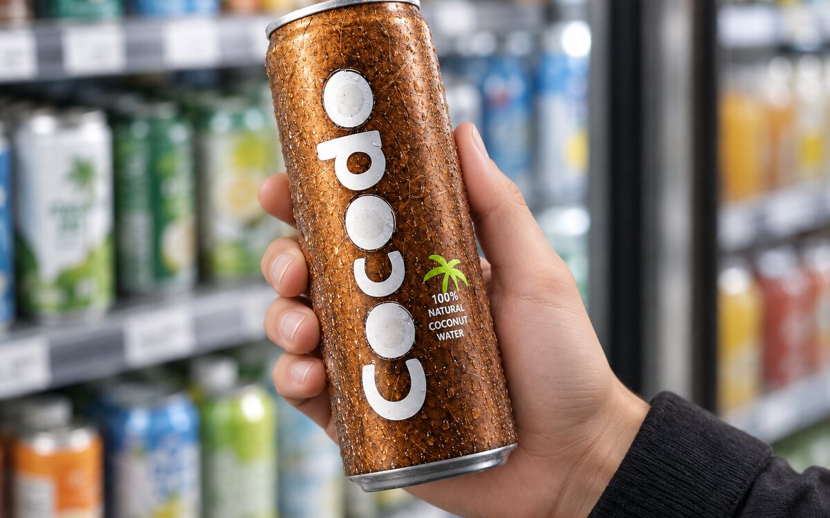 Eine Hand hält die Purkoko Dose prüfend vor einem Supermarkt-Kühlregal