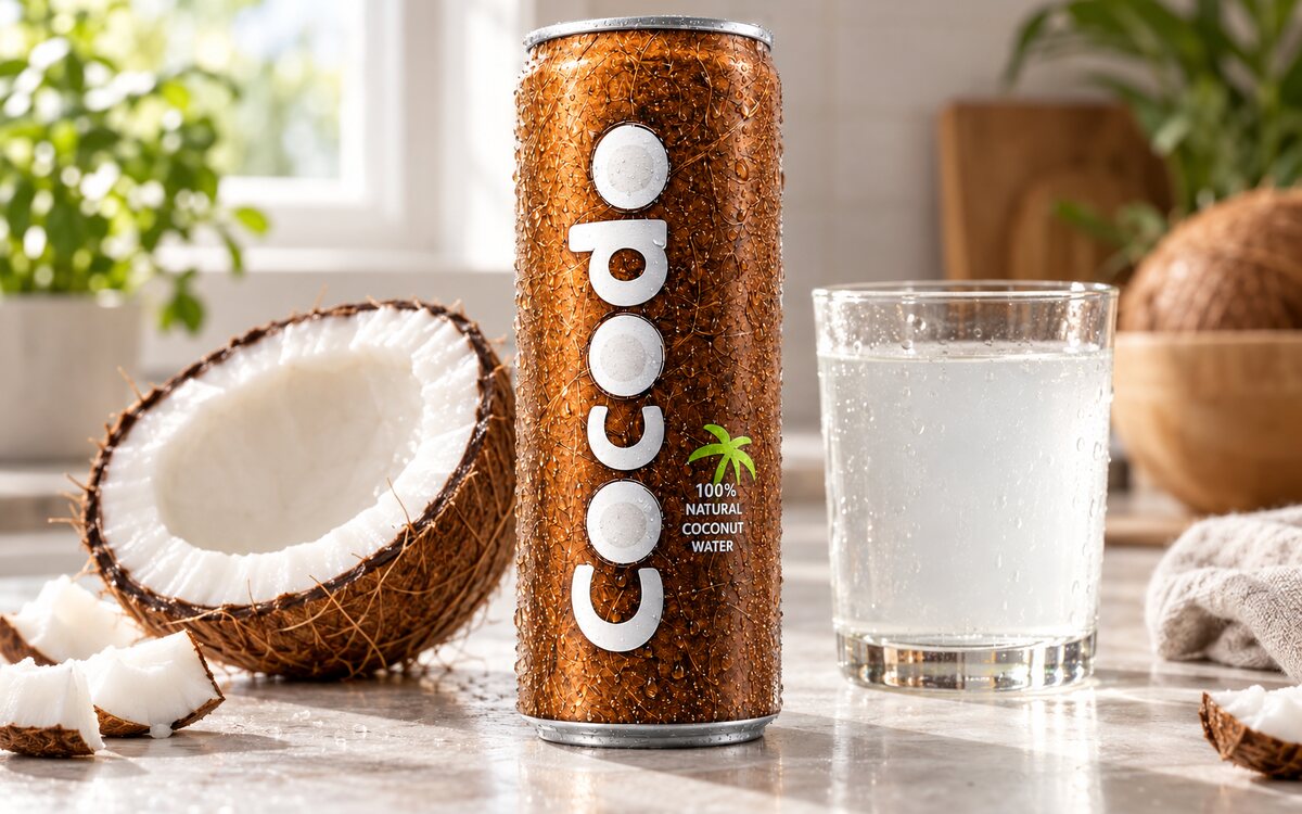 Purkoko Dose auf einem hellen Küchentisch neben einer halbierten Kokosnuss und einem Glas Kokoswasser