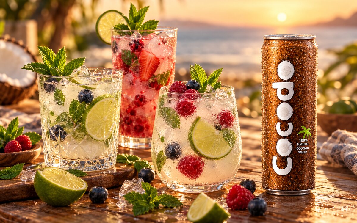 Drei sommerliche Mocktails mit Kokoswasser, Minze, Limette und Beeren neben der Purkoko Dose