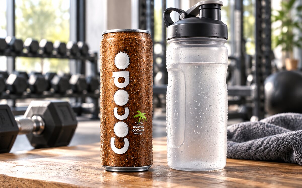 Purkoko Kokoswasser Dose neben einer neutralen Sport-Trinkflasche auf einem Holztisch